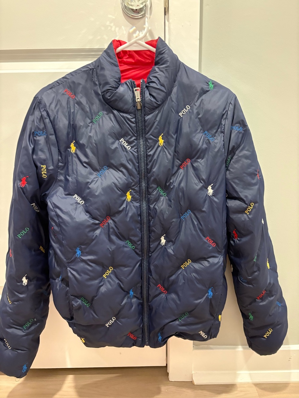 Polo Kids Navy Quilted Puffer Jacket with Multicolor Logos